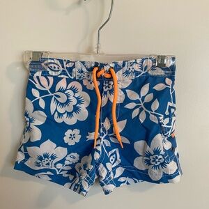 Carter's Blue and White Floral Swim Shorts with Orange Waistband